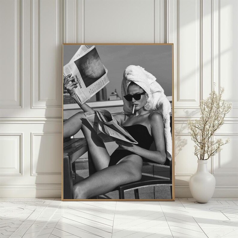Woman Smoking & Reading Newspaper Print, Black And White, Vintage Rooftop Scene, Girl Room Decor, Trendy Vintage Prints, Wall Print Women image 5