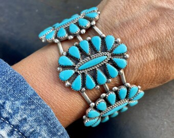 Zuni Petit Point Turquoise Cluster Cuff Bracelet for Woman, Vintage Native American Indian Jewelry