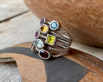 Vintage Sterling Silver Multi Color Ring Size 7.75, Made in Thailand, Glass Gemstone Jewelry