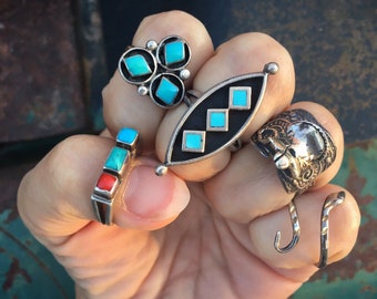Vintage Sterling Silver Ring Boho Jewelry Native American Indian Turquoise or Coral Rings, Girlfriend Gift for Young Women Friend
