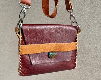 Small Satchel Purse of Soft Leather with Turquoise Accent, Cross Body Bag, Boho Festival Fashion
