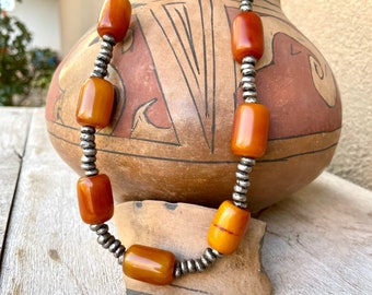 25.5" Vintage Tribal Necklace Resin Butterscotch and Silver Tone Beads, Squaw Wrap Closure, Nomadic Ethnic Boho Jewelry, Girlfriend Gift