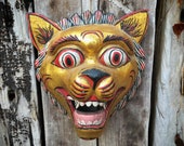 Wooden Mask Tiger with Big Eyes, Balinese Folk Art, Indonesia Mask Wall Hanging, Rustic Home Decor, Bohemian Wall Art, Feline Gifts