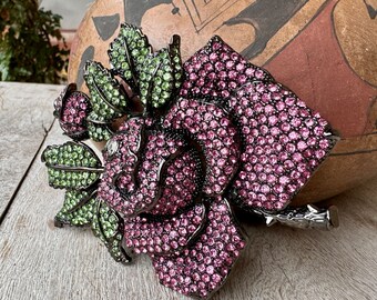 Massive Vintage Janus Costume Jewelry Pink and Green Crystal Flower Rose Pin 5.25" Wide