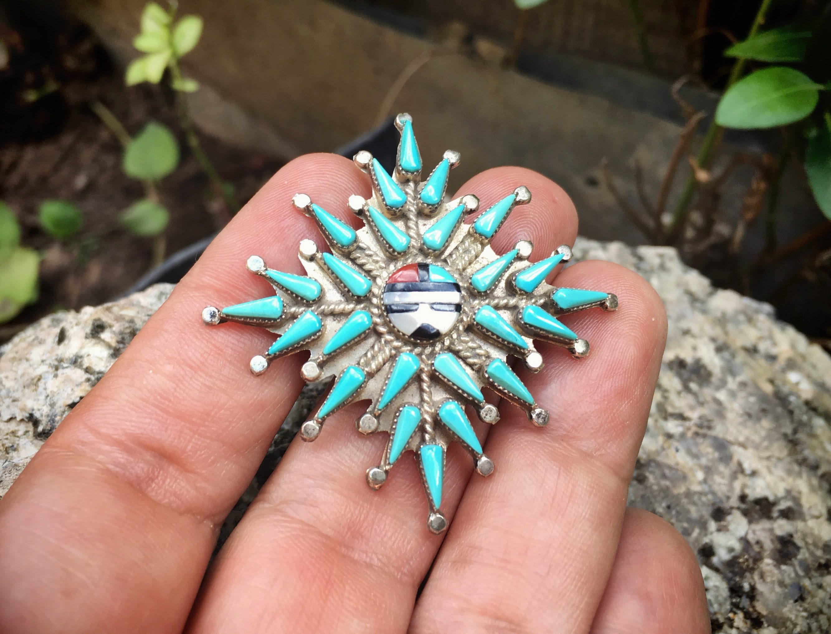 小物 ZUNA Signed Zuni Pendant Necklace Brooch with Sunface and Turquoise