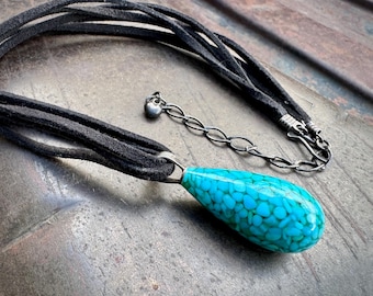 Turquoise Composite Drop Pendant on Black Leather Cord by Desert Rose Trading