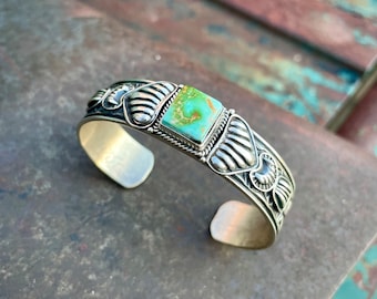 35g Single Turquoise Stone Bracelet Size 6-3/8 by Navajo Tsosie Orville White, Revival Style