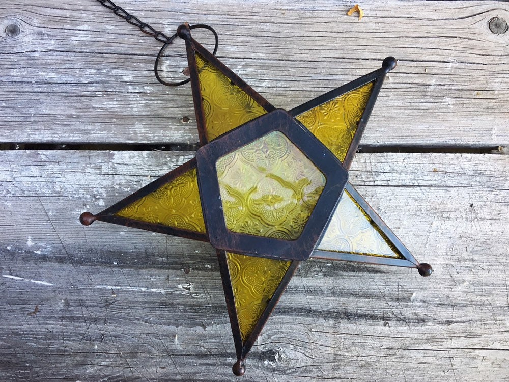 Vintage Metal and Pressed Amber Glass Star Candle Holder, Hanging