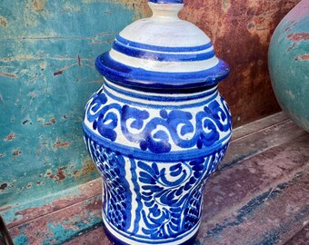 Talavera Lidded Jar Urn Majolica Pottery Blue and White, Medium-Small Size, Mexican Decor