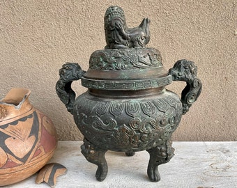 Vintage Foo Dog Censor in Taiwan Shang Dynasty Style, Chinese Decor Guardian Lions Incense Burner