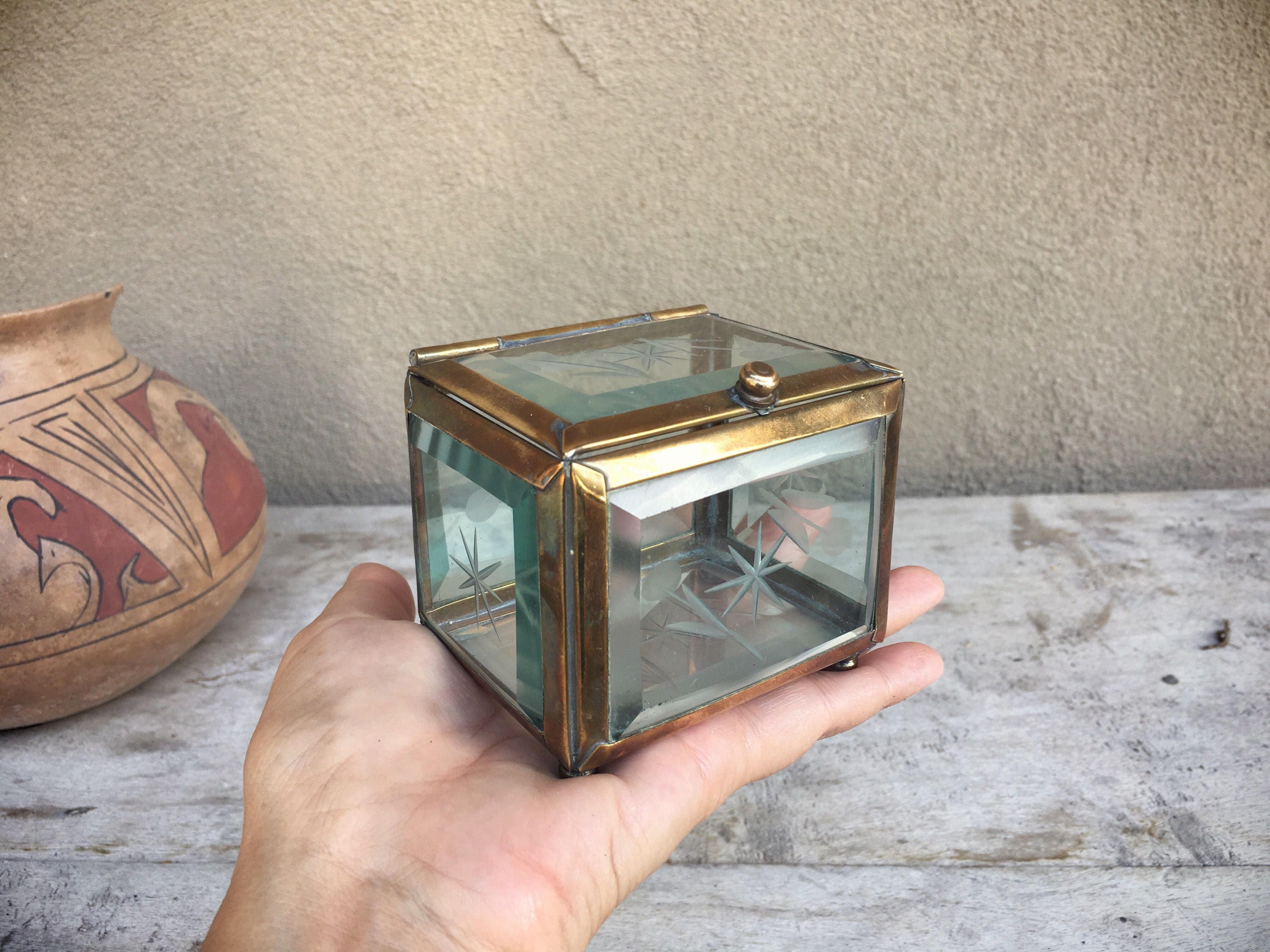 Small vintage etched thick beveled glass box with hinged lid