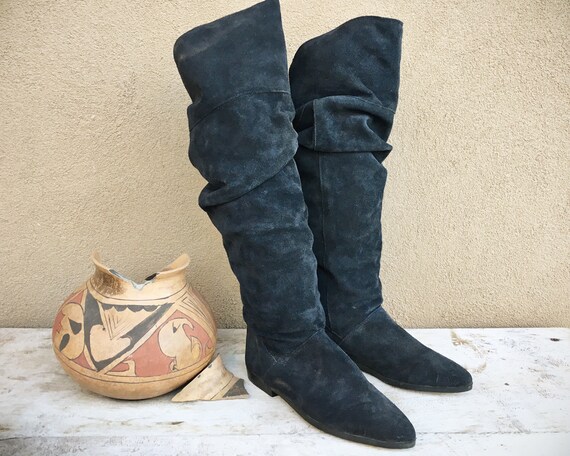 1980s Navy Blue Suede OTK Pirate Boots Women's US