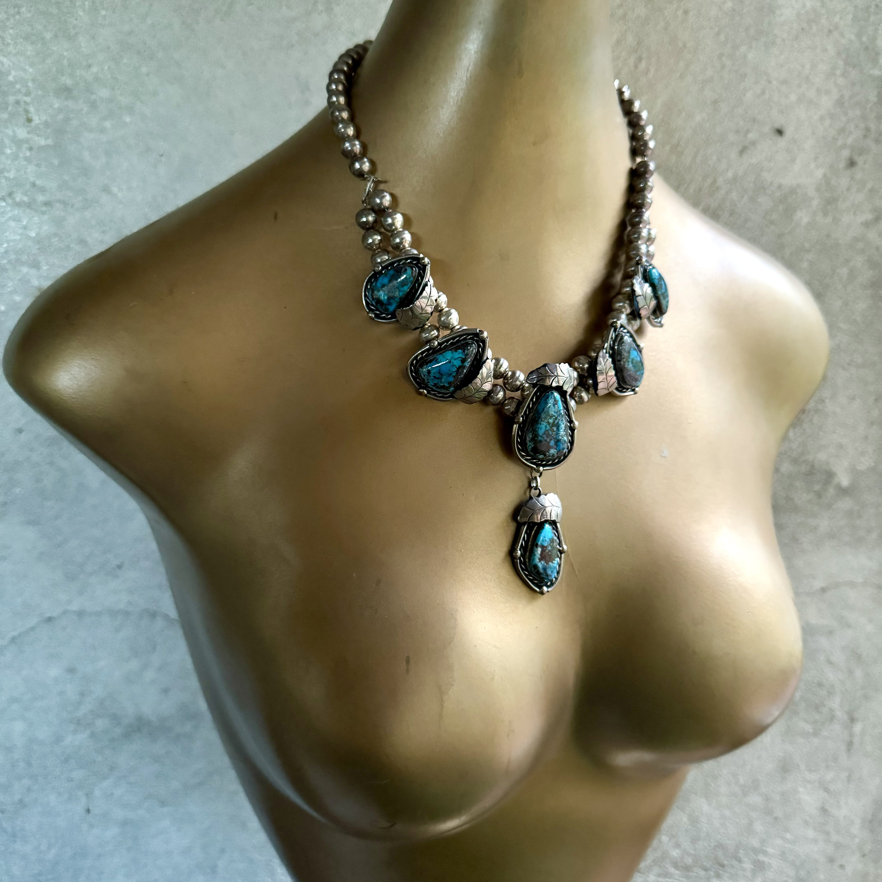 Smokey Bisbee Turquoise Vintage Native American Navajo Sterling Silver Squash Blossom Necklace Smokey Bisbee Turquoise Vintage Native American Navajo Sterling Silver Squash Blossom Necklace