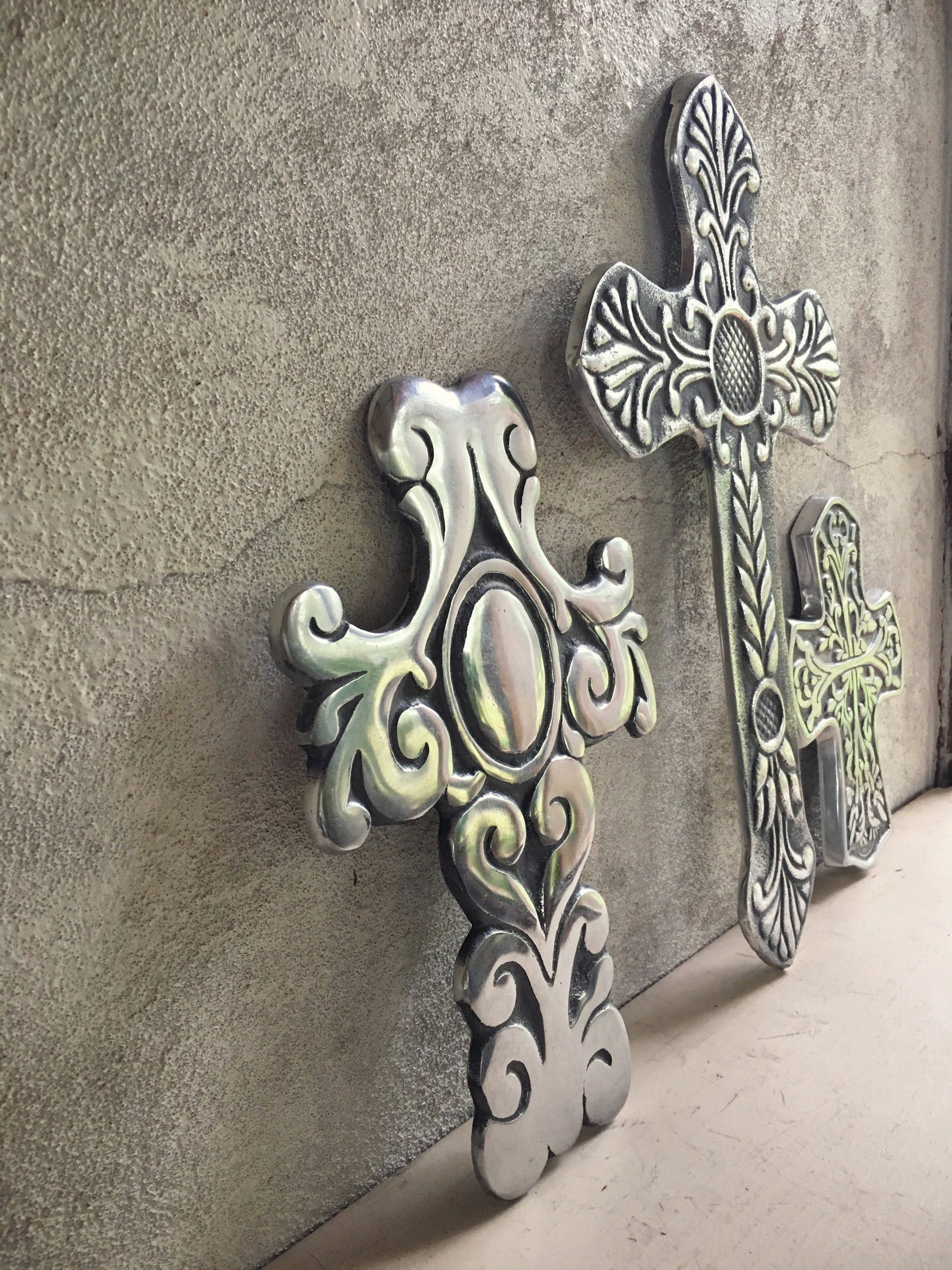 Three vintage wall crosses made of pewter wall hangings Spanish decor