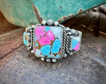 Navajo Kingman "Cotton Candy" Cuff Bracelet Approx Size 6.75", Turquoise Composite Stone