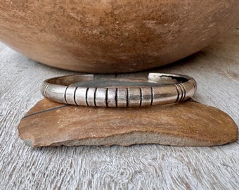 Navajo Narrow Sterling Silver Cuff Bracelet Size 6.375", Signed Tahe, Skinny Stacker