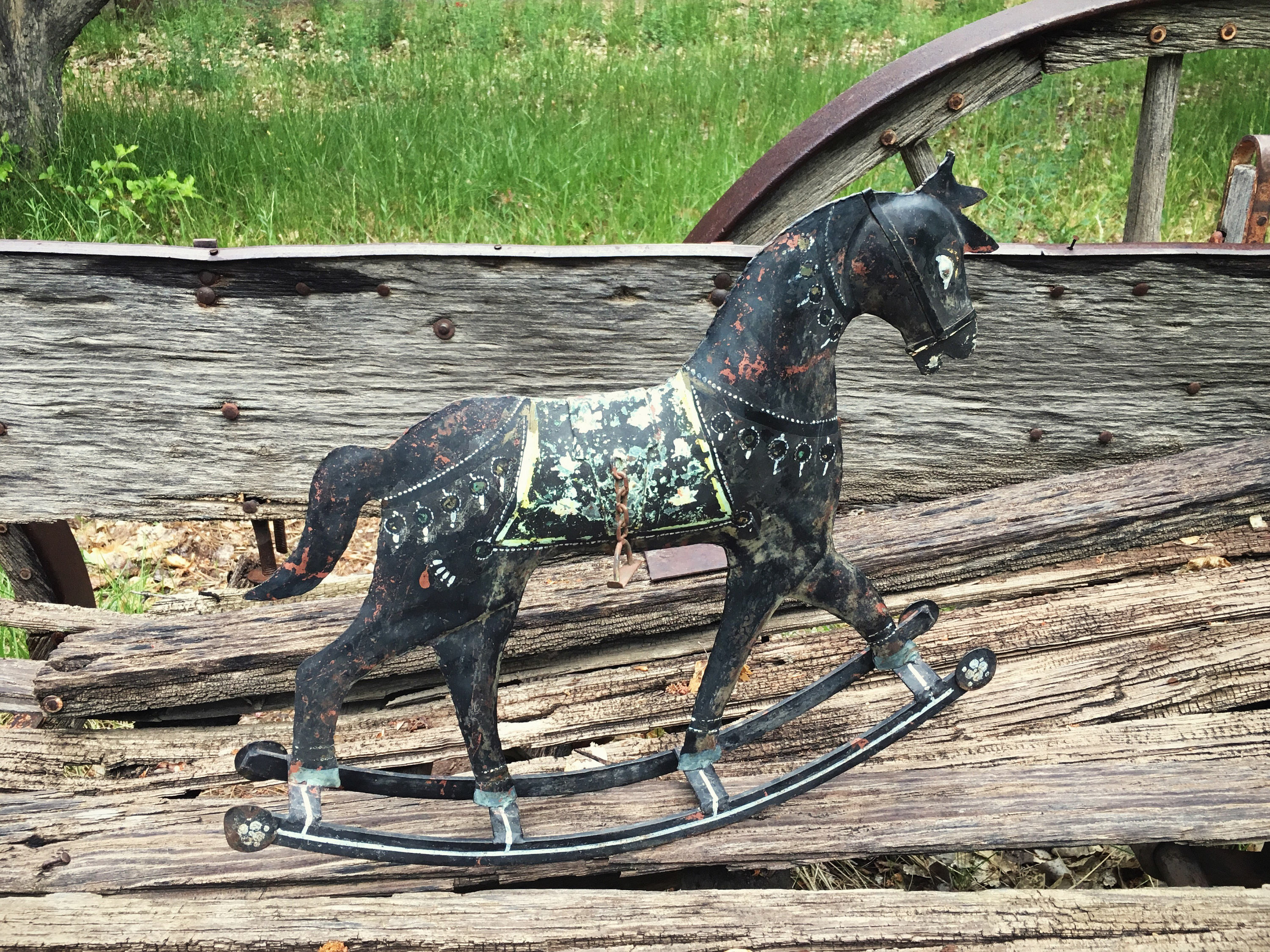 Large Vintage Primitive Folk Art Rocking Horse Statue Made Of Metal Modern Farmhouse Decor