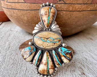 Navajo Bernyse Chavez Pendant Ribbon Turquoise Sterling Silver with Shepherd’s Hook