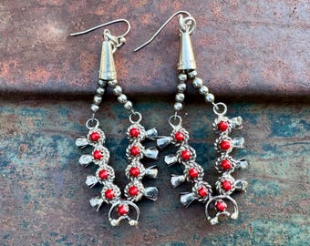 Vintage Coral Sterling Silver Earrings of Miniature Squash Blossoms, Zuni Jewelry