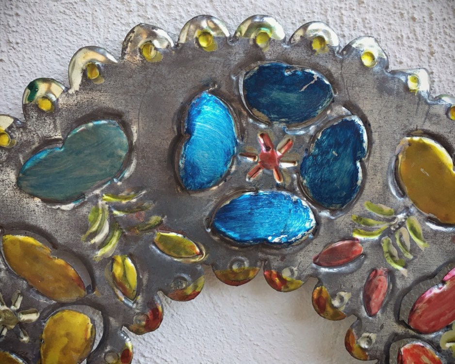 Large Vintage Mexican Tin Oval Frame Punched Painted Cutout Metal No
