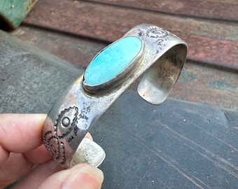 Vintage Stamped Silver Pale Blue Turquoise Bracelet Approx Size 7, Navajo Cuff, Old Pawn