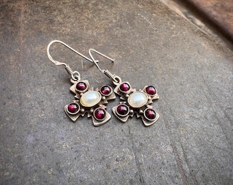 Dainty Sterling Silver Garnet Pearl Cross Dangle Earrings, Small 5/8"