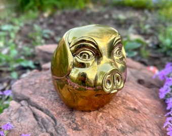 Vintage Lacquered Brass Pig Money Bank with Rubber Stopper, Hog Lover Gift Collectible, Cute Farmyard Animal Gift for Pig-Headed Person