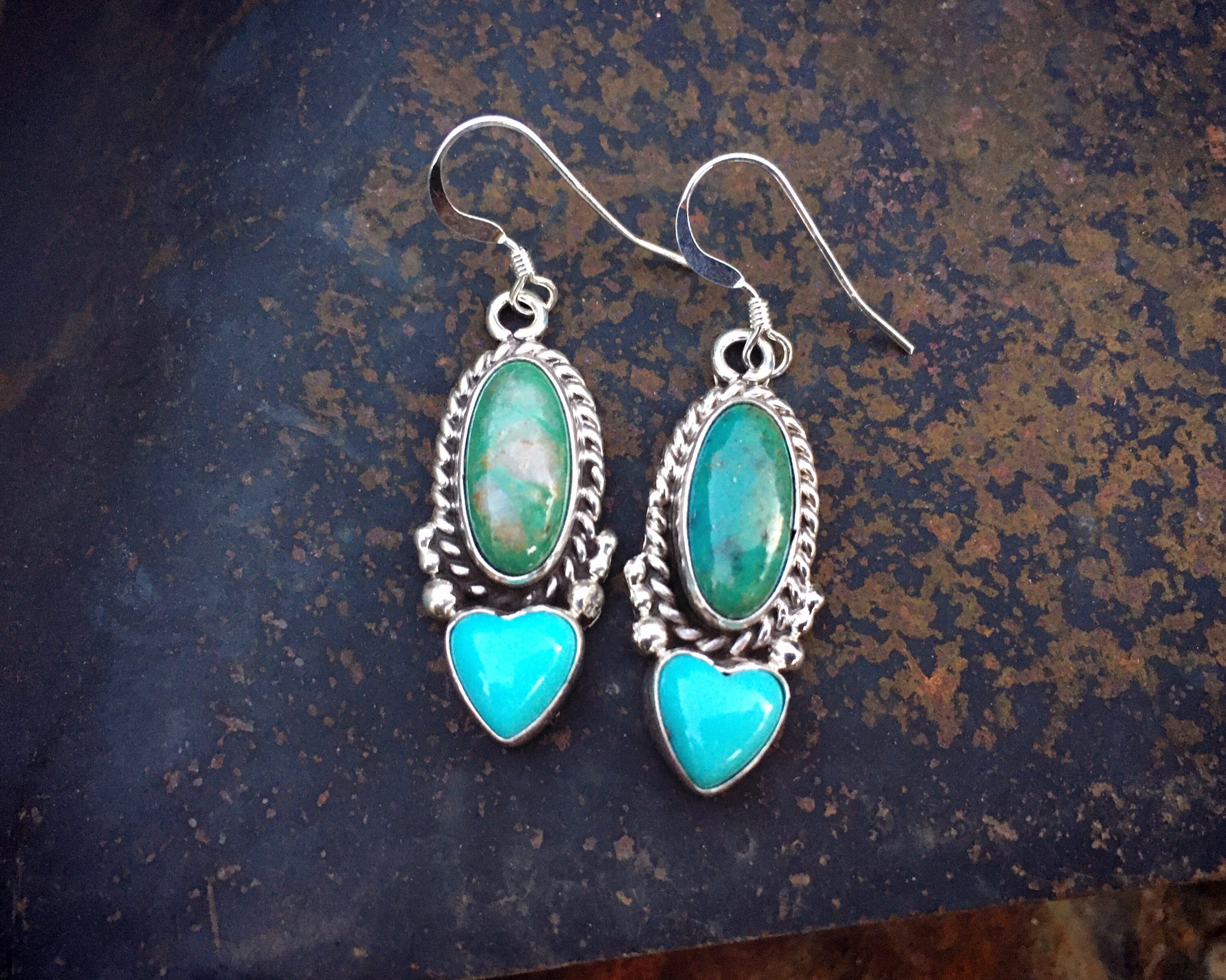 Small Green and Blue Turquoise Heart Earrings by Navajo Bennie Kee