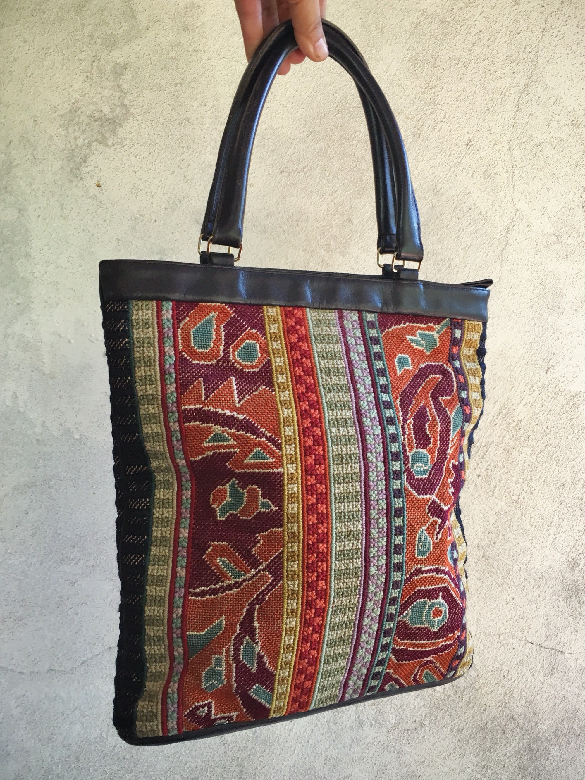 Vintage Tapestry Handbag Embroidered Purse with Leather, Colorful