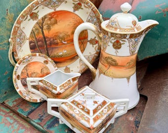 Art Deco Nippon Chocolate Pot Cream Sugar Bowls Plus Plate & Saucer, Double-Handle Amphora