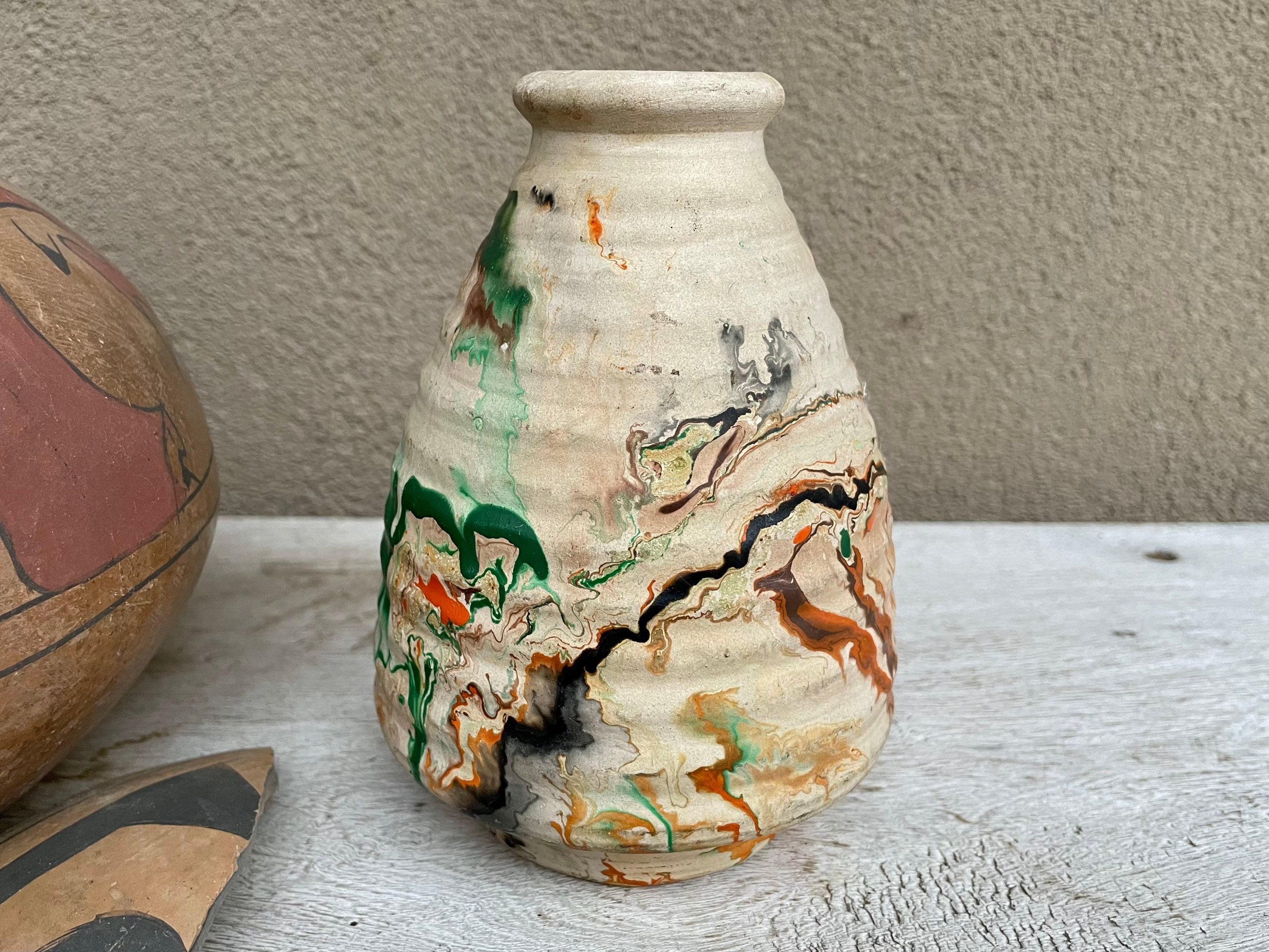 Nemadji Ribbed and Swirled Clay Pottery Vase in Green Brown Nemadji Ribbed and Swirled Clay Pottery Vase in Green Brown