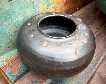 Vintage Art Studio Pottery Vase Steely Black Glaze Signed Tove, Art Studio Ceramics, Organic Home