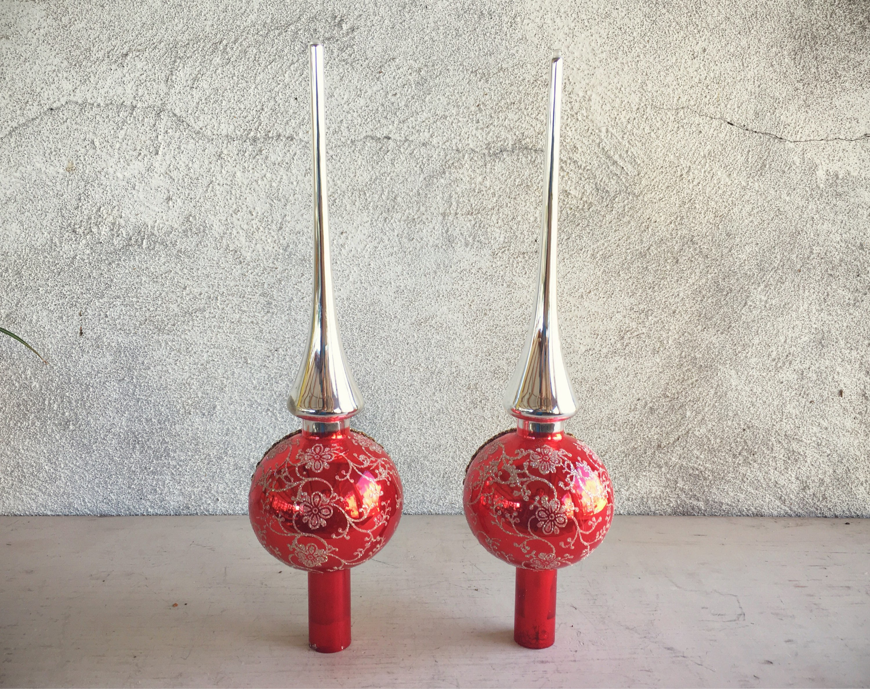 Pair of Vintage Glass Finial Tree Topper with Santa Face and Glitter