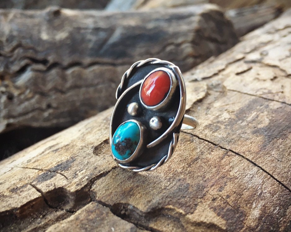 Vintage Size 7 Coral Turquoise Ring for Women, Native American Indian ...