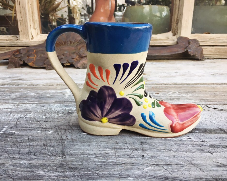 Mexican Pottery Cowboy Boot Vase with Handle, Western Southwestern