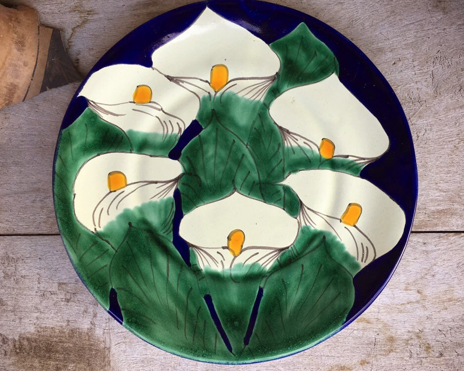 10 Diameter Vintage Mexican Pottery Plate Wall Hanging White Irises ...