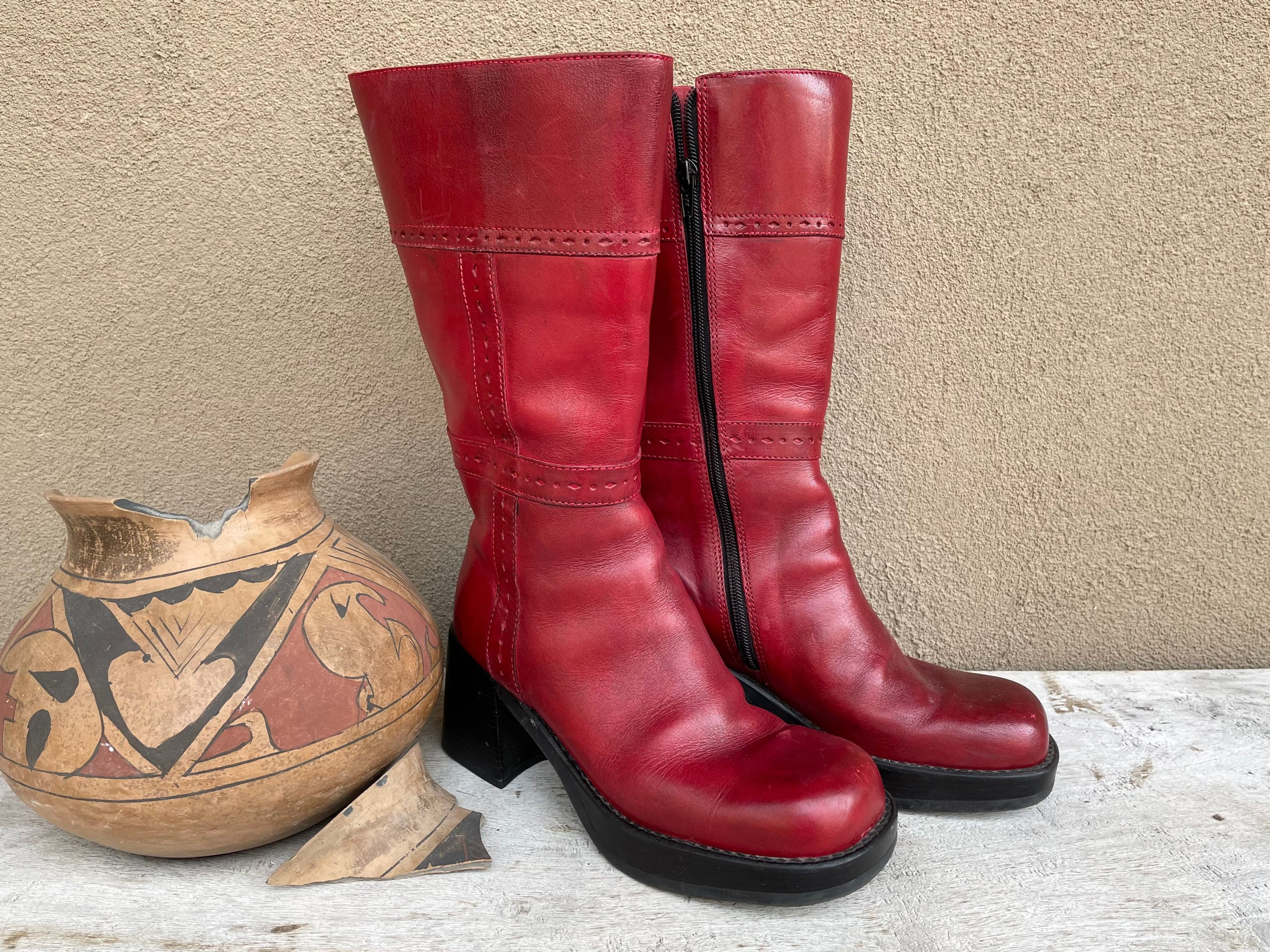 1990s Skechers Red Leather Platform Boots Women size 8 (Fits 7.5), Square  Toe Chunky Heel Goth