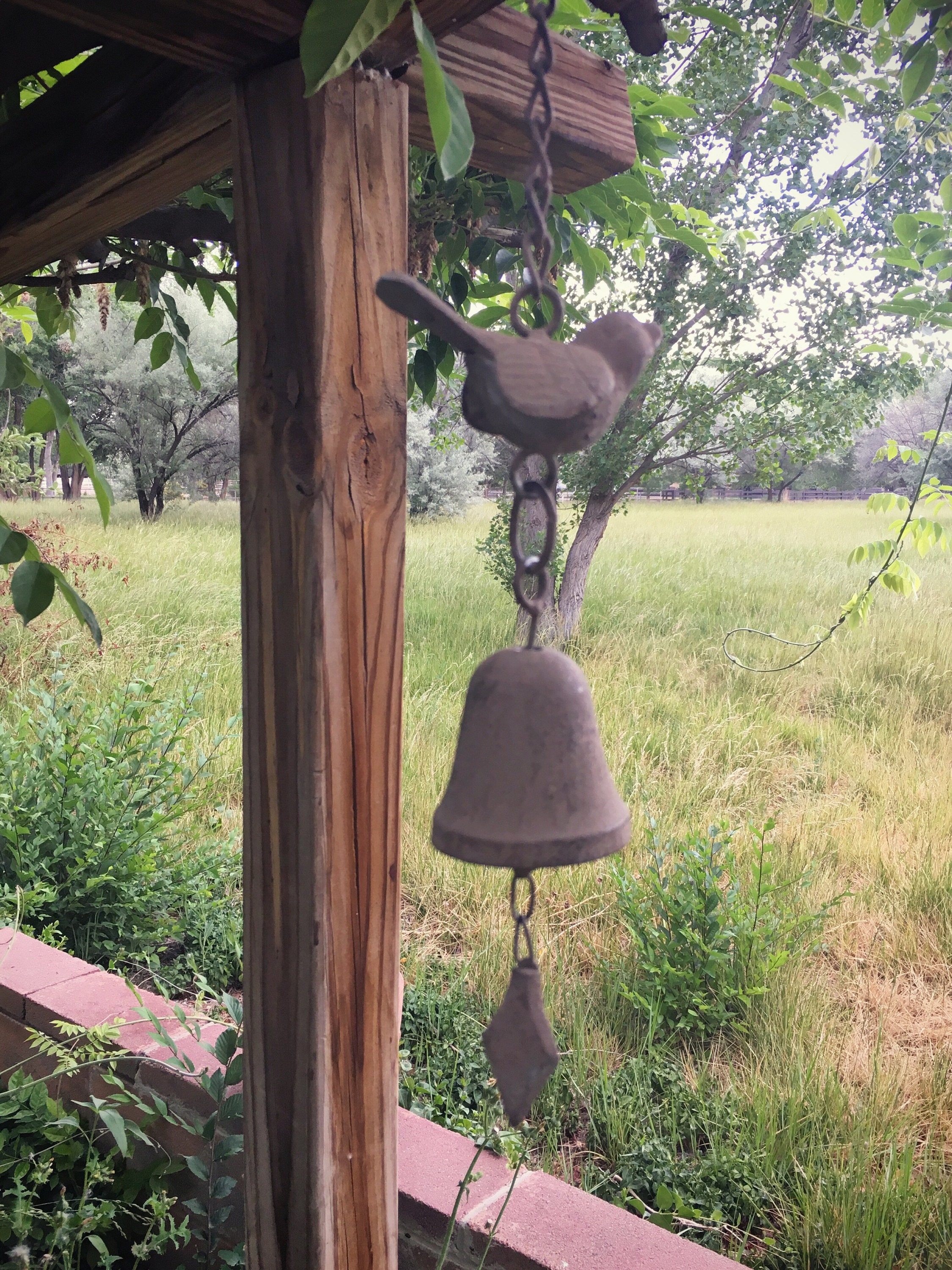 Vintage cast metal bird wind chime bell, metal windchimes, patio decor