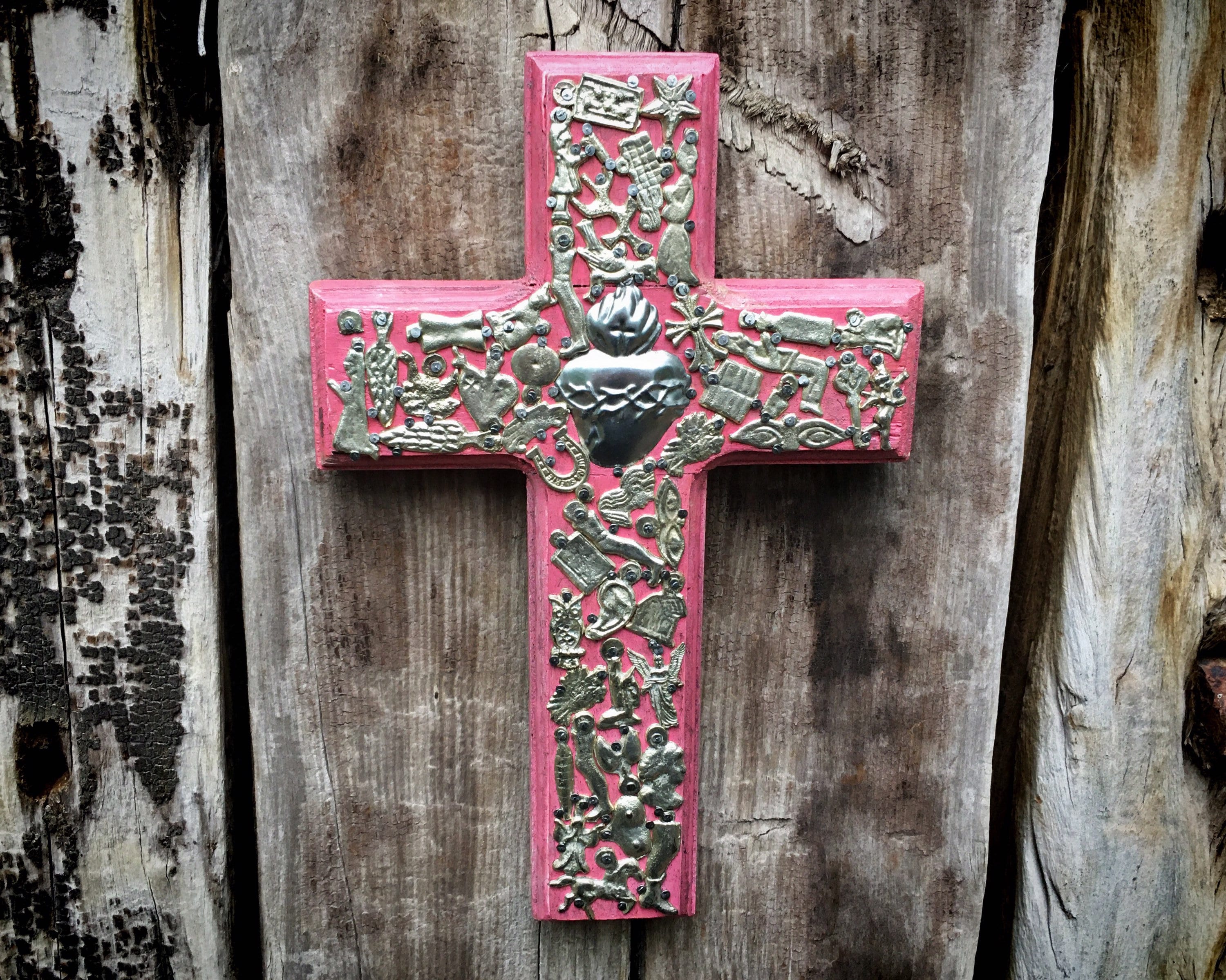 Mexican Milagro Wall Cross with Milagros Amulets, Lucky Charms, Miracle Art, Religious Medals