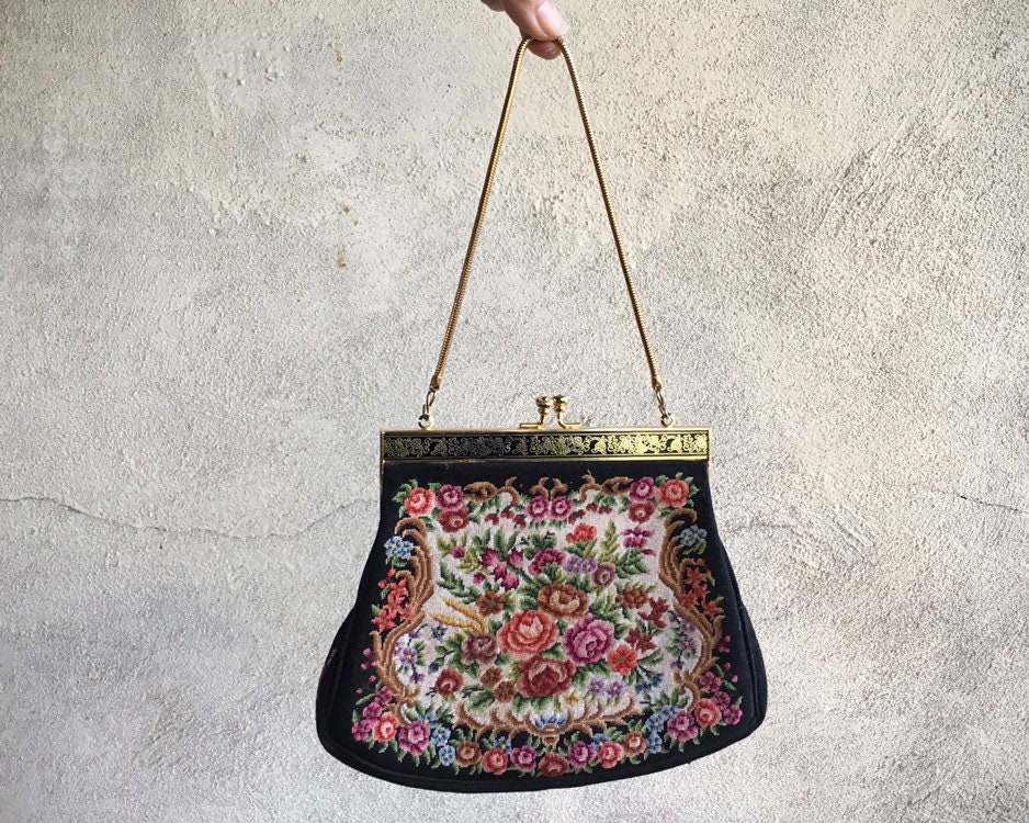 Black Petit Point Floral Clutch, 1950s Japan