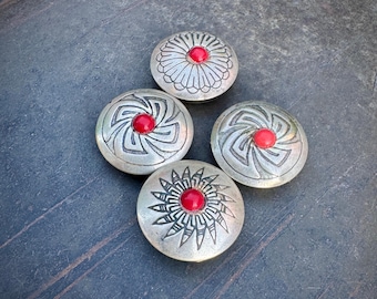 Four Mismatched Silver Button Covers Coral-Colored Dot, 1980s Accessory