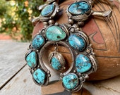 260g Vintage Morenci Turquoise Squash Blossom Necklace 27 quot , Bench Made Silver Beads, Navajo Native American Indian Jewelry Unisex Men Women