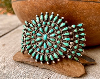 44g Vintage Zuni Petit Point Turquoise Cluster Cuff Bracelet Size 6.5, Native American Jewelry