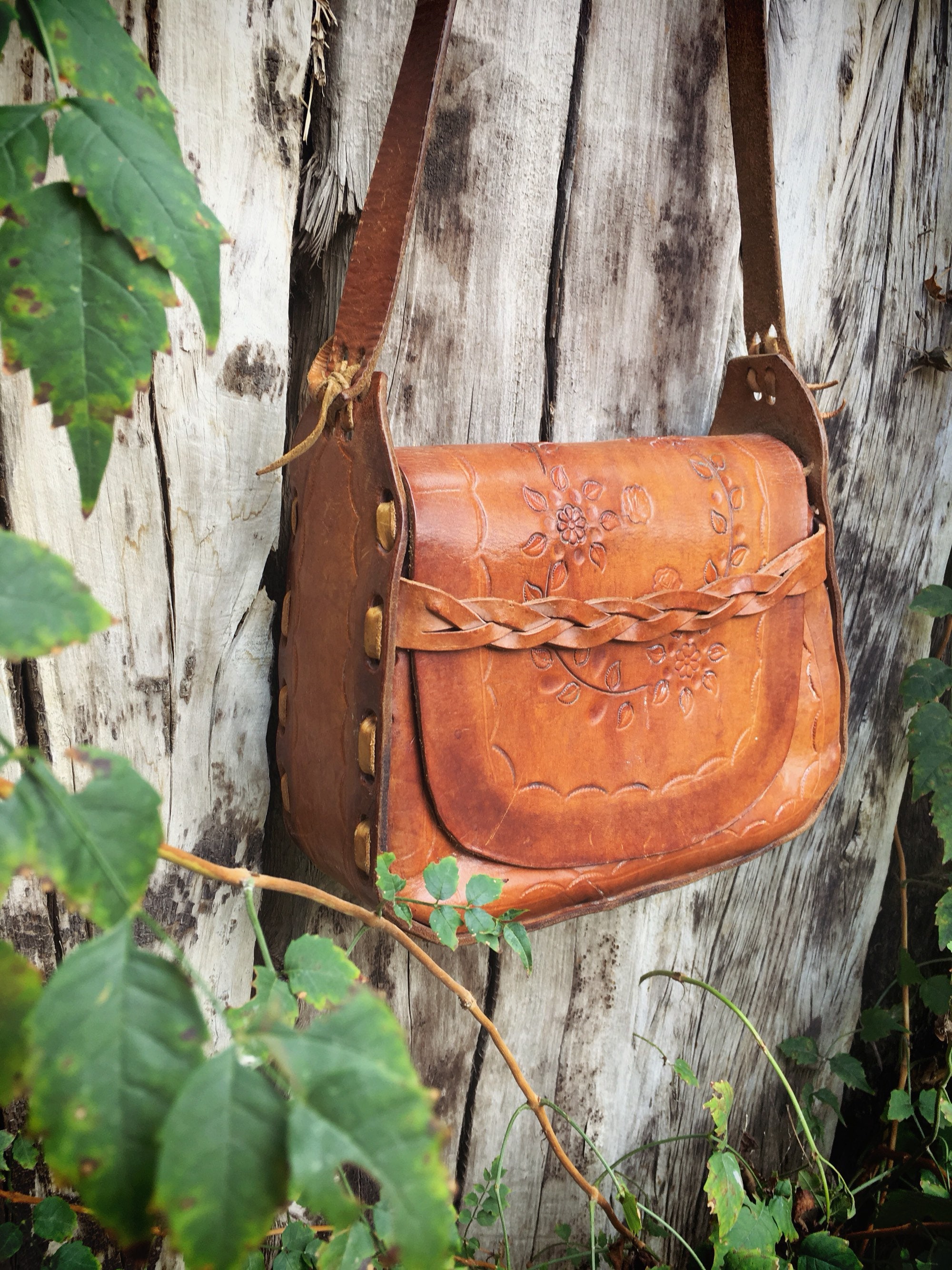 Vintage 70s Hand Tooled Leather Hippie Boho Purse