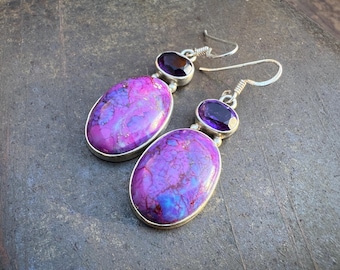 Purple Mojave Turquoise & Crystal Earrings Dangle Approx 2", 1990s Vintage Southwestern