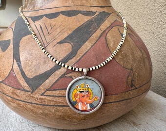 Small Vintage Tibetan Ganesha Print Under Glass Pendant on Dainty Heishi Chain Approx 18"