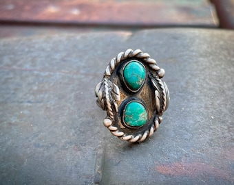 Vintage Green Turquoise Ring Size 7.75 Sterling Silver Leaf Design, Rustic Native American Jewelry
