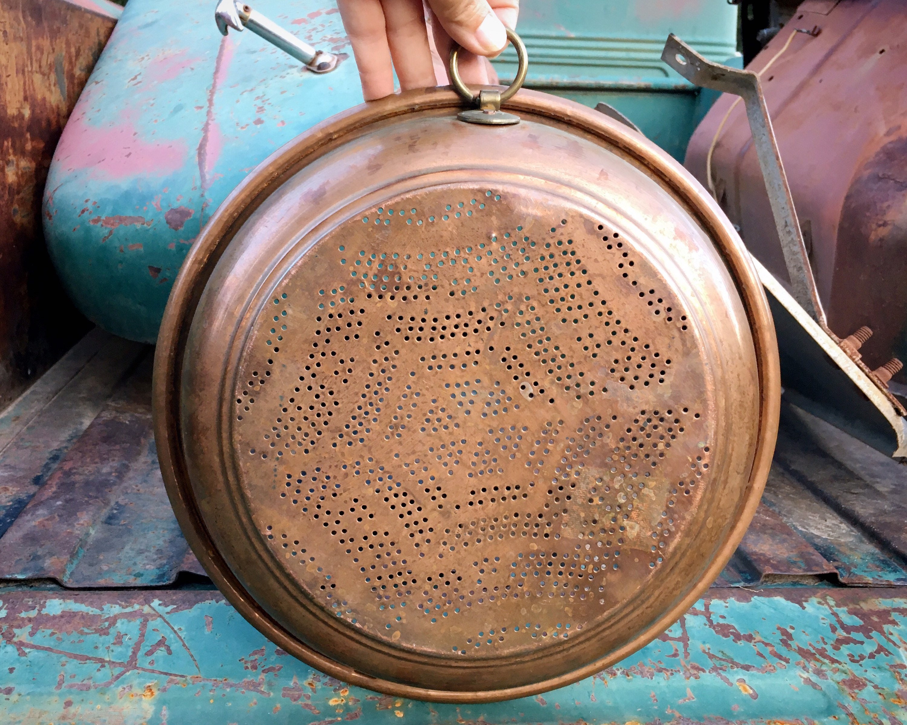 Heavy Vintage Copper Sieve Colander Wall Hanging, Rustic Kitchen Decor