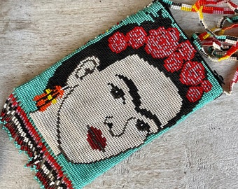 Medium-Small Beaded Frida Purse of Glass Sead Beads w/ Long Beaded Strap, Crossbody Bad