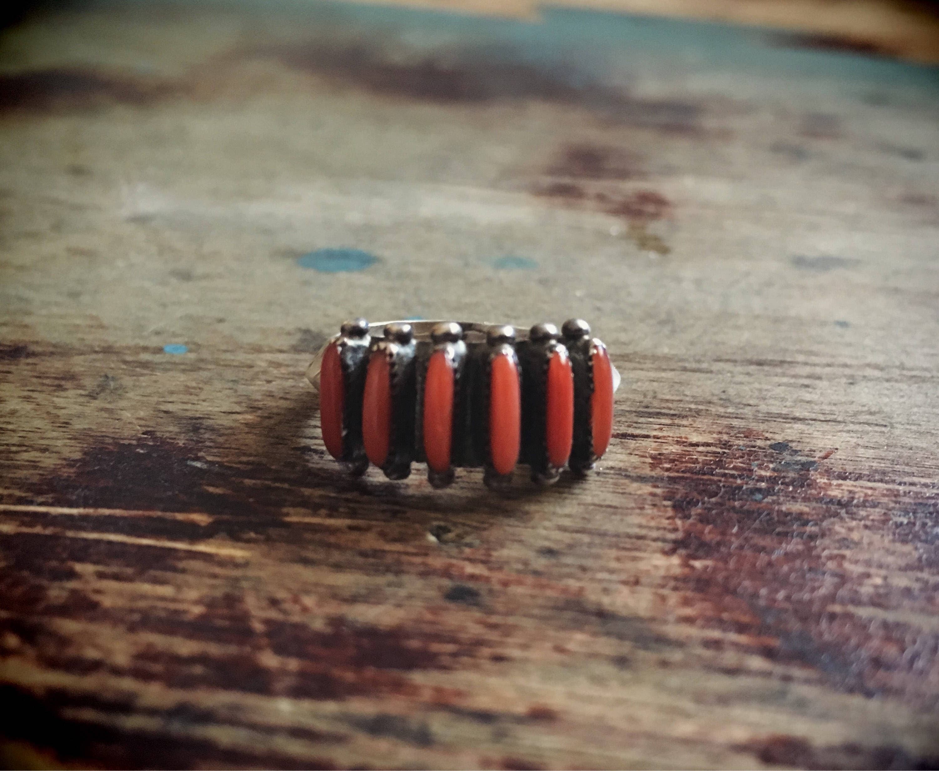 Signed Zuni Coral Ring Needlepoint Jewelry, Native American